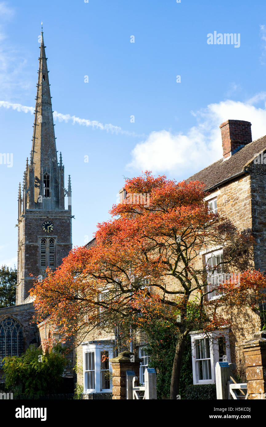 Baum im Herbst vor Haus und Kirche. Könige, Sutton, Nr Banbury, Northamptonshire, England Stockfoto