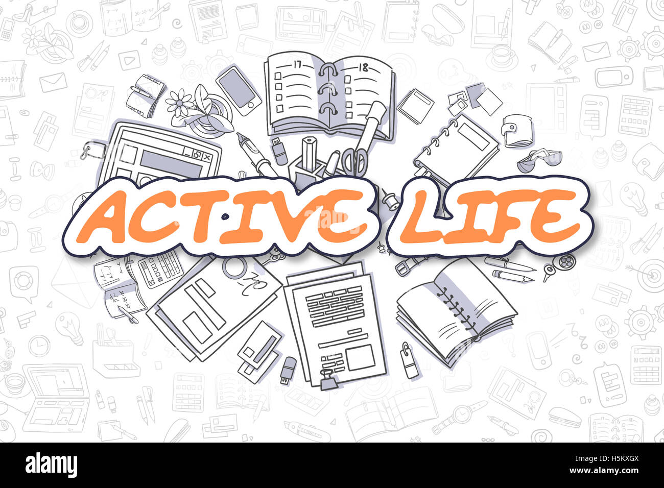 Aktives Leben - Cartoon Orange Wort. Business-Konzept. Stockfoto
