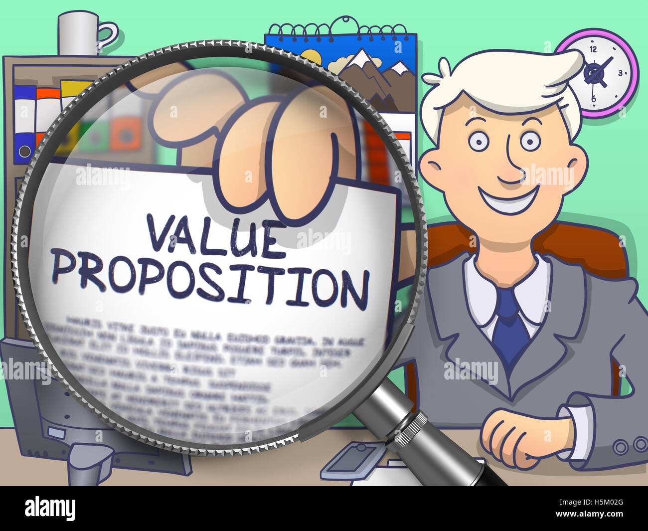 Value Proposition durch Linse. Doodle-Design. Stockfoto