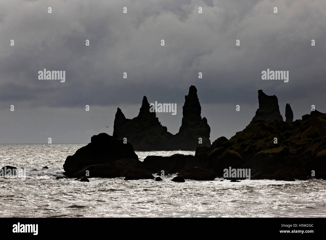 60 Meter hohen Stapel aus Meer, Mýrdalur, South East Island, Nordatlantik, Europa Stockfoto