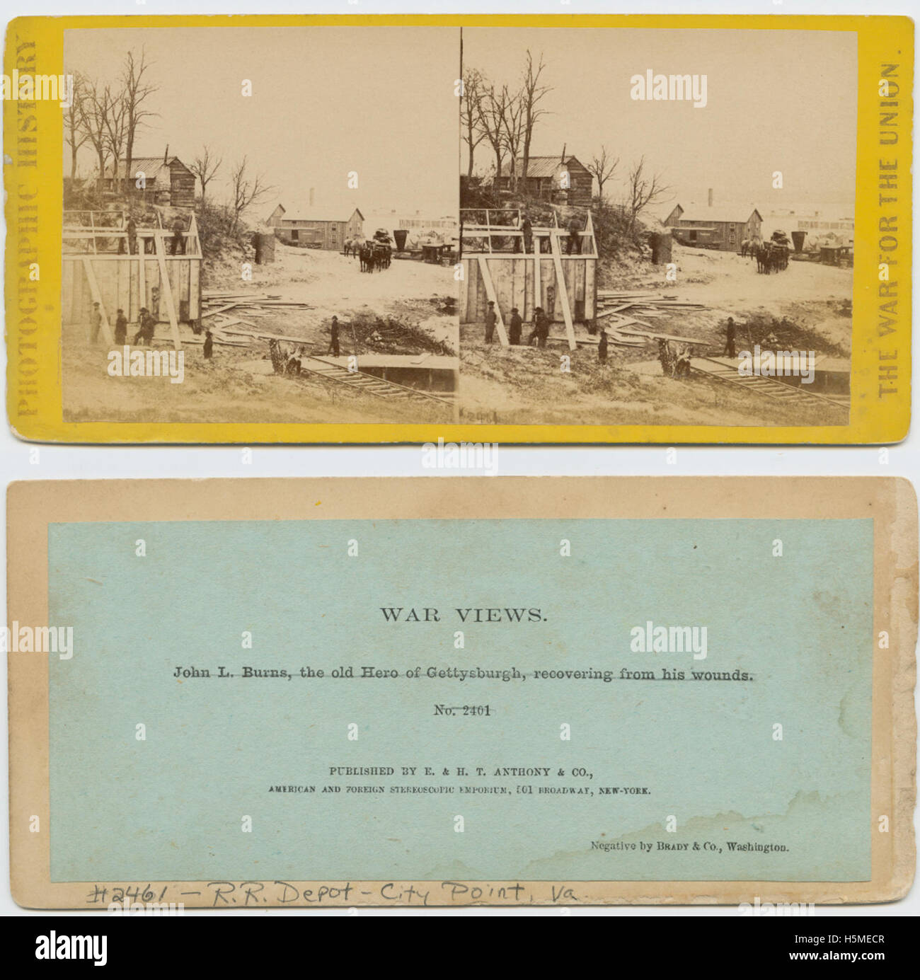 Dieses Bild des RR Depot in City Point, Virginia, zeigt einen Albumenabdruck aus der Zeit des Amerikanischen Bürgerkriegs, der Bahnhöfe, Eisenbahnstrecken und Transportmittel dieser Zeit hervorhebt. Stockfoto