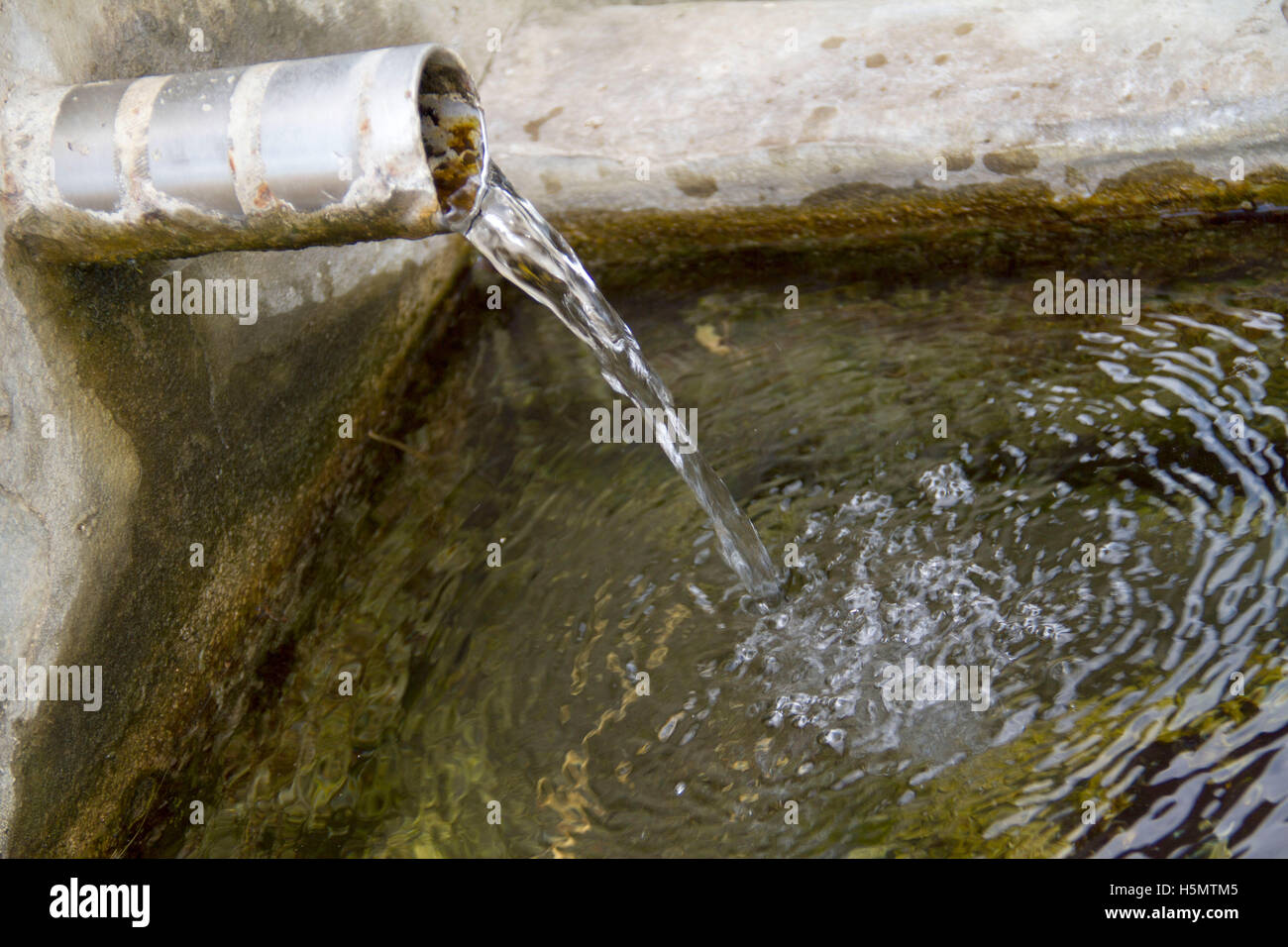 Wasser gießen in ein Becken aus Stein aus einem Rohr Stockfoto