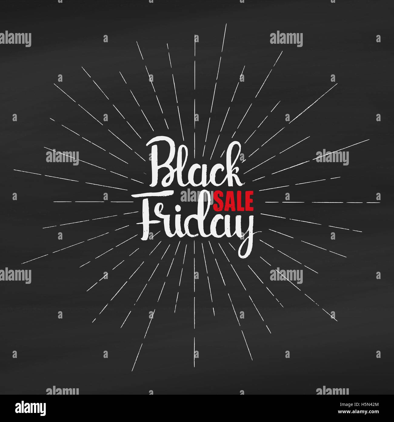 Black Friday Sale handschriftlich Schriftzug. Moderne Vektor Kreide Tafel Hintergrund gezeichneten Kalligraphie mit Sunburst übergeben. Stock Vektor