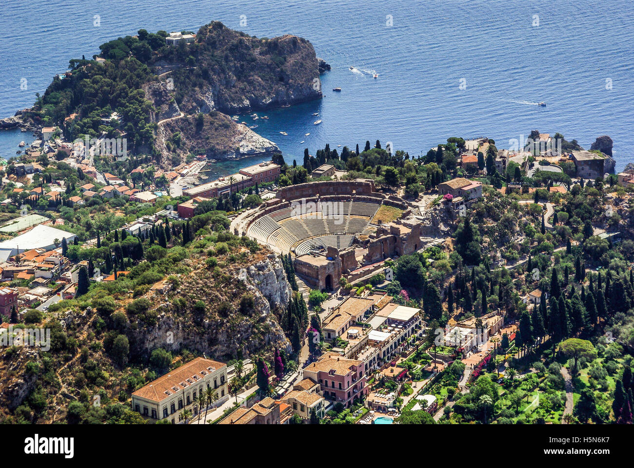 Luftaufnahme des griechischen Theater von Taormina Sizilien Stockfoto