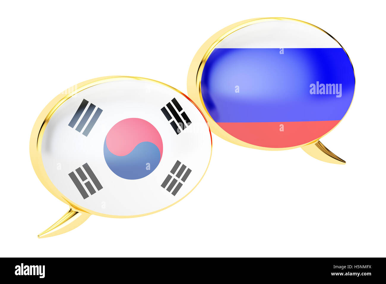 Sprechblasen, Koreanisch-Russisch-Übersetzung-Konzept. 3D-Rendering Stockfoto