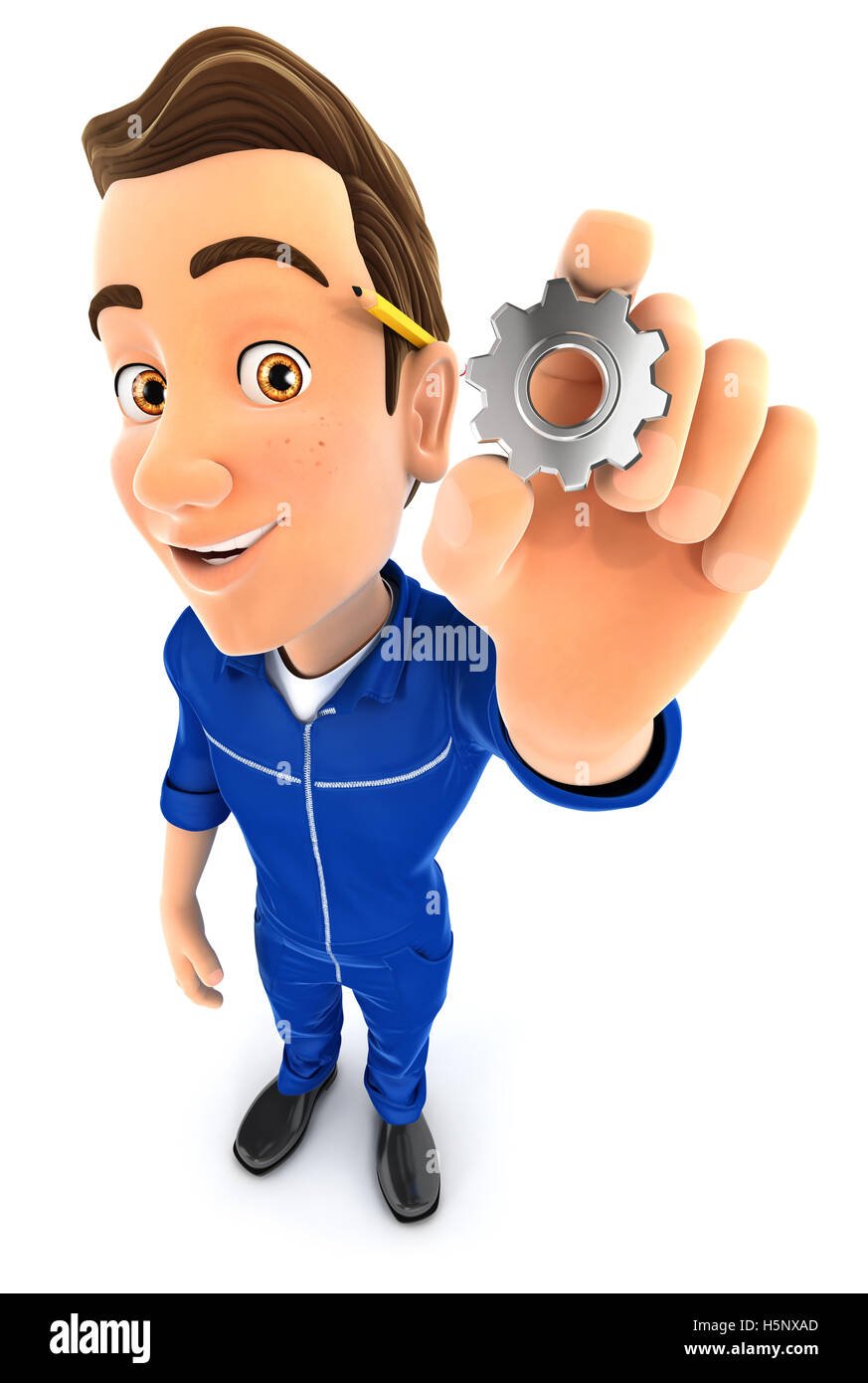 3D-Mechaniker hält ein Zahnrad, Abbildung mit isolierten weißen Hintergrund Stockfoto