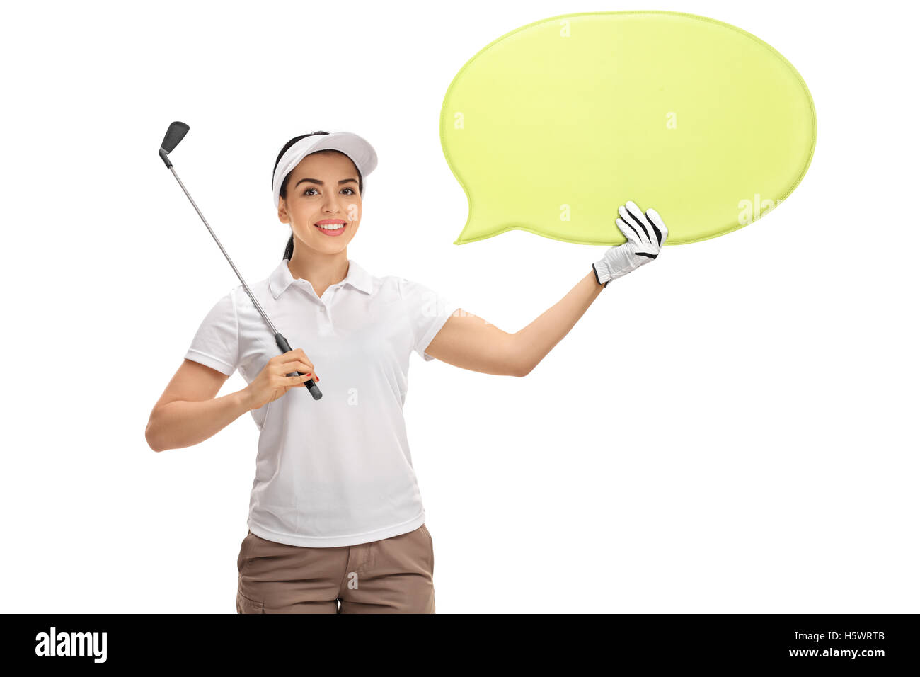 Weibliche Golfspieler mit einem Golfclub und eine Sprechblase isoliert auf weißem Hintergrund Stockfoto