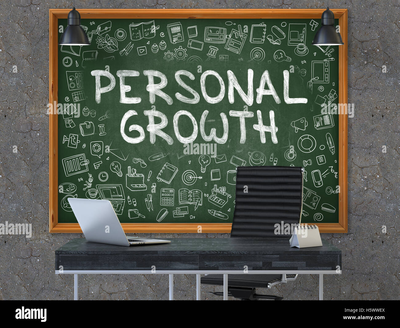Persönliches Wachstumskonzept. Doodle-Symbole auf der Tafel. 3D. Stockfoto