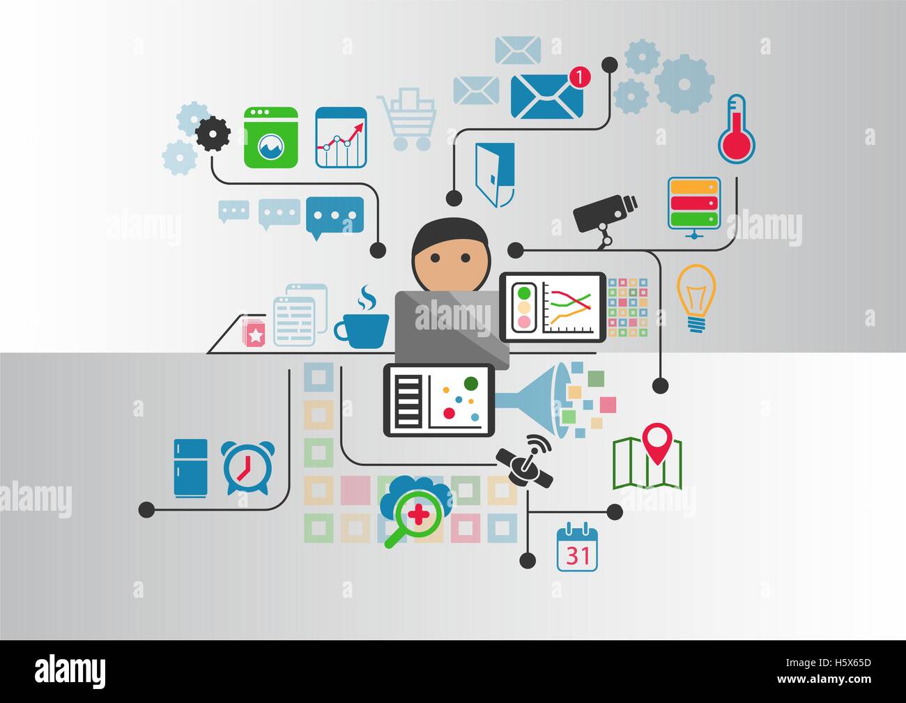 Smart home-Automation Vektor Hintergrund mit Person, die Steuerung von Geräten vom notebook Stock Vektor