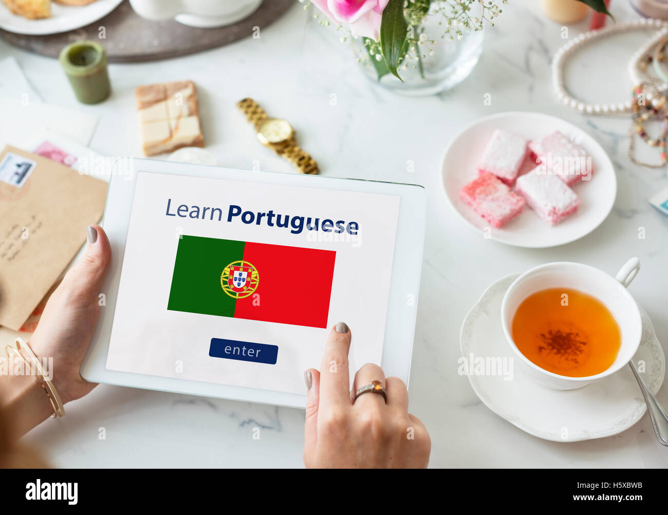 Lernen Sie Portugiesisch Online-Bildungskonzept Stockfoto