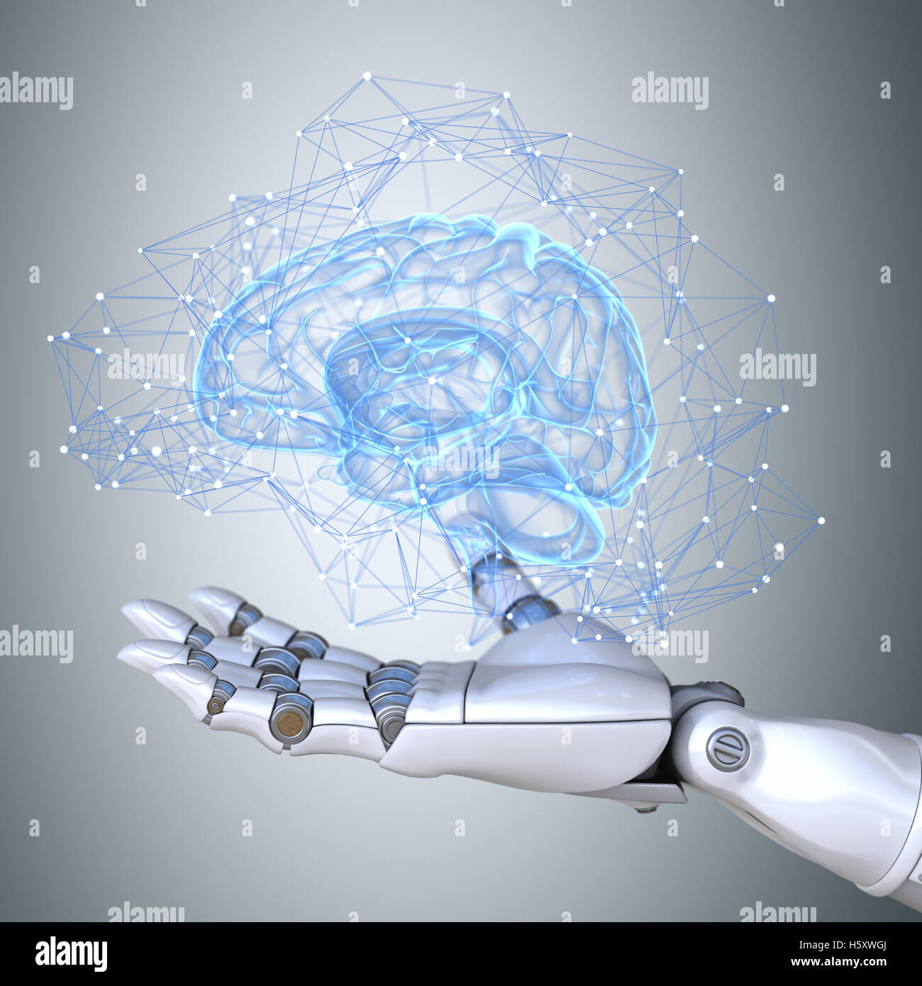 Roboterhand, die hält virtuelles Gehirn Schema Stockfoto
