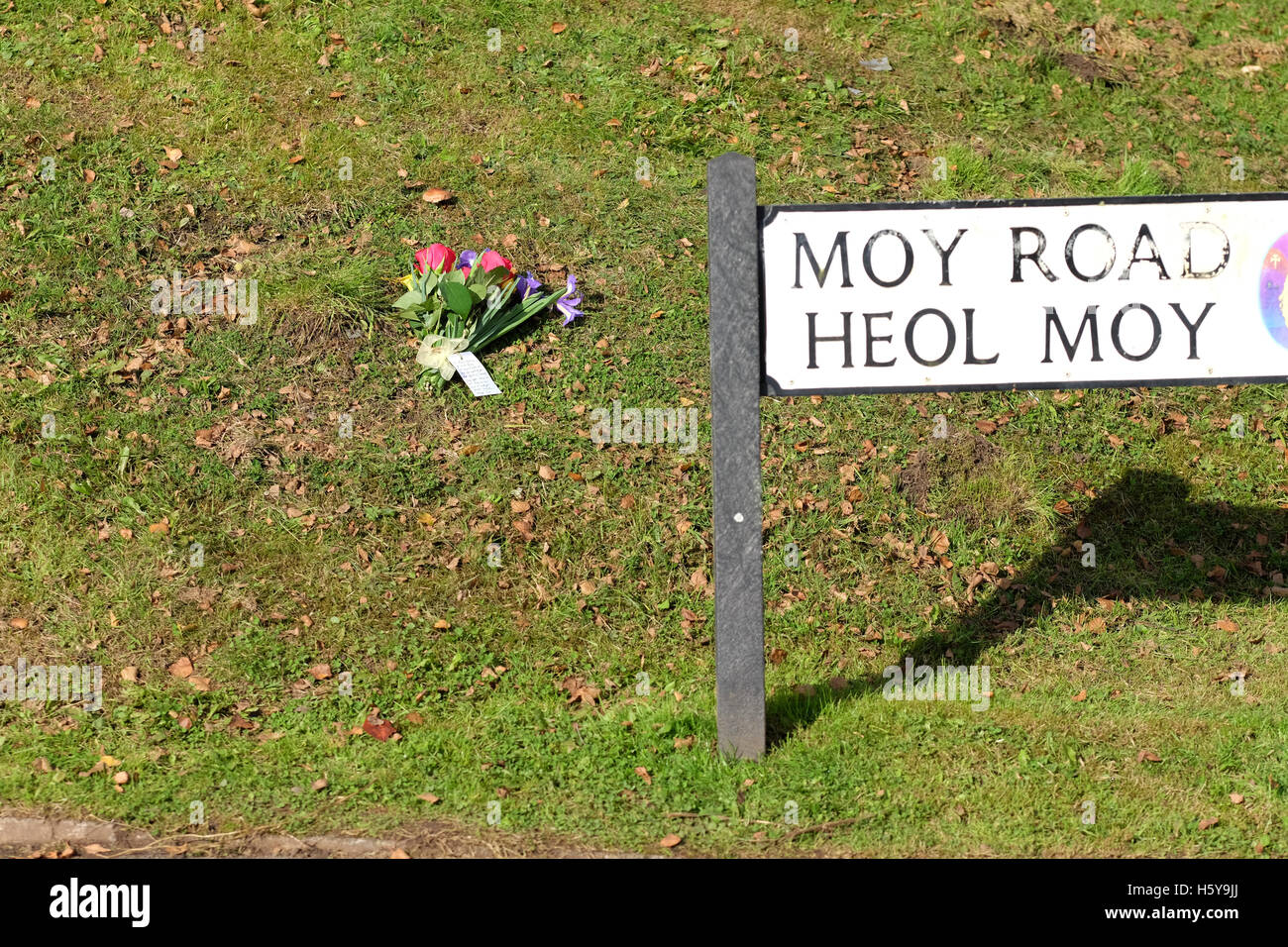 Aberfan, Wales - Freitag, 21. Oktober 2016 - A lone floral Tribute und handschriftliche Notiz auf dem Rasen am Moy Straße neben der Website die Pantglas Grundschule, die an diesem Tag genau vor 50 Jahren - 21. Oktober 1966 verwüstet wurde. 144 Menschen, darunter 116 junge Kinder wurden getötet, als ein Abfallberg Kohle in das Dorf und die Schule nach unten geschoben. Bildnachweis: Steven Mai / Alamy Live News Stockfoto