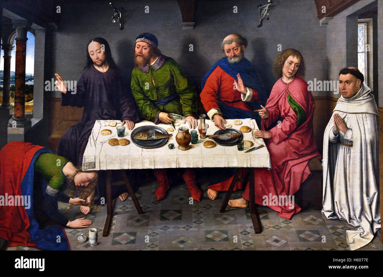 Christ in the House of Simon BOUTS (1415-1475) ( Jesus im Haus von Simon, dem Pharisäer, und einer sündigen Frau salbt Jesu Füße mit Öl aus einem Alabastergefäß ) Dieric Bouts (1415 – 1475) früher niederländischer Maler. Über das frühe Leben von Bouts ist nur sehr wenig bekannt, aber er war stark von Jan van Eyck und Rogier van der Weyden beeinflusst, unter denen er vielleicht studiert hat.) Belgien, Belgien, Flämisch Stockfoto