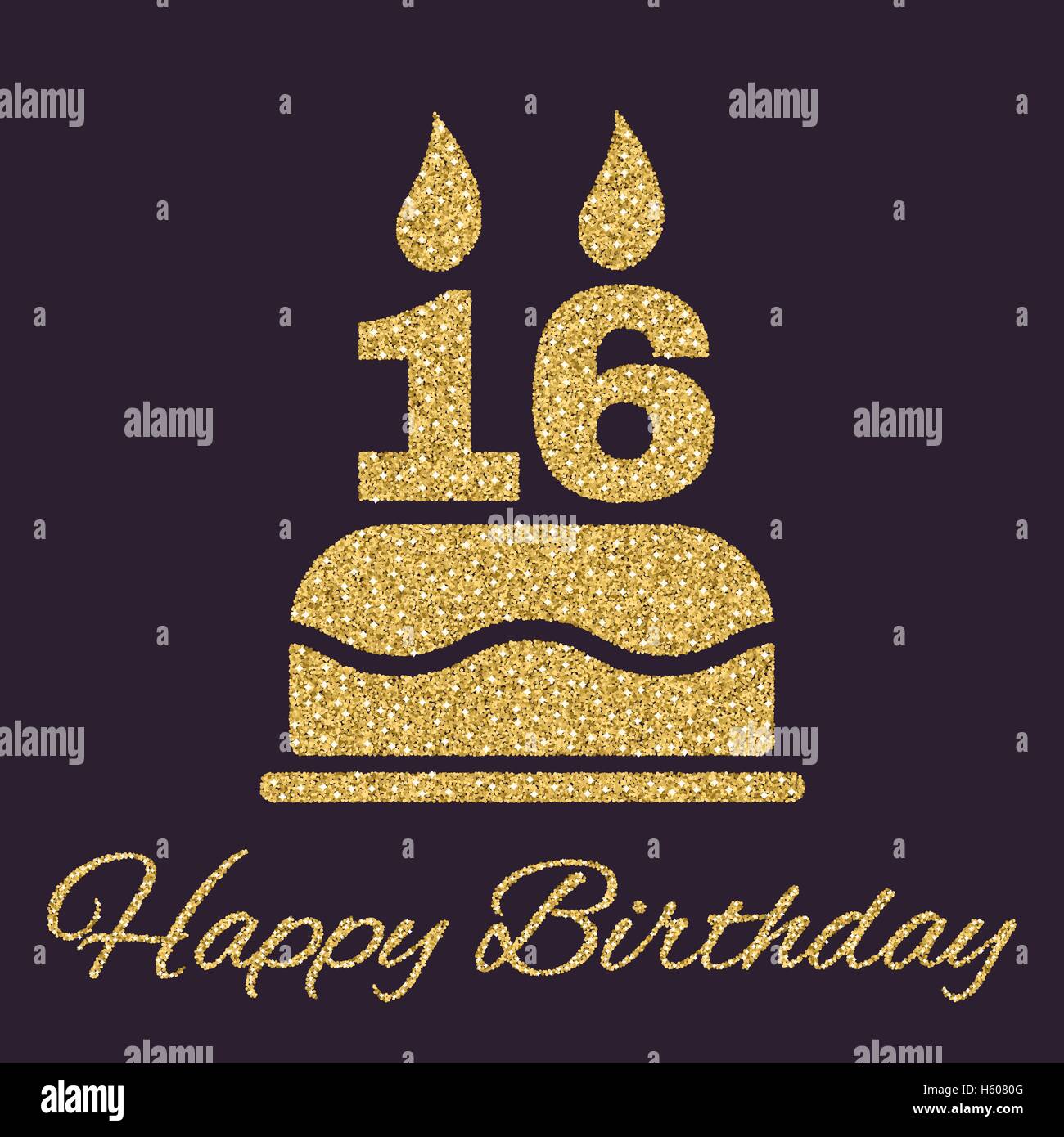 Die Geburtstagstorte mit Kerzen in Form von Nr. 16-Symbol. Geburtstag-Symbol. Gold funkeln und glitzern Stock Vektor