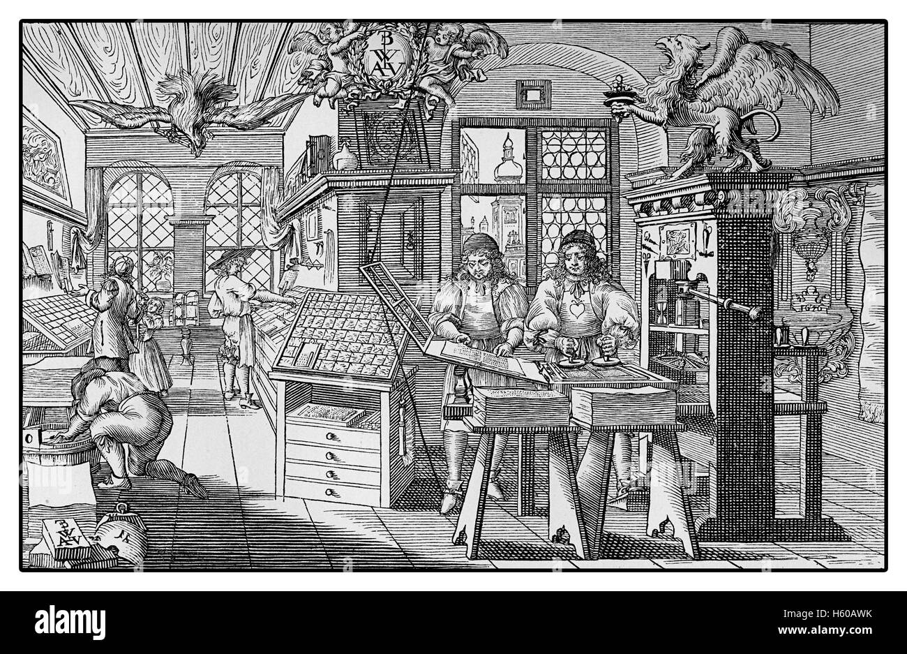 Vintage Gravur beschreibt einen Renaissance-Workshop zum Drucken von Büchern mit Baumpresse und beweglichen Zeichentypen Stockfoto