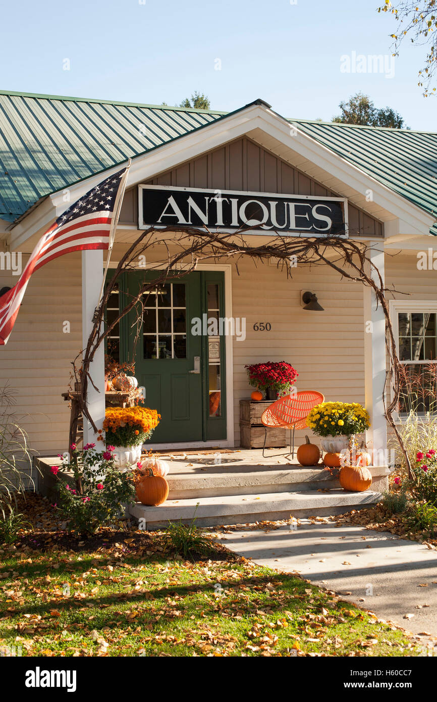 Herbst Dekorationen schmücken ein Antiquitätengeschäft in Upstate New York. Stockfoto