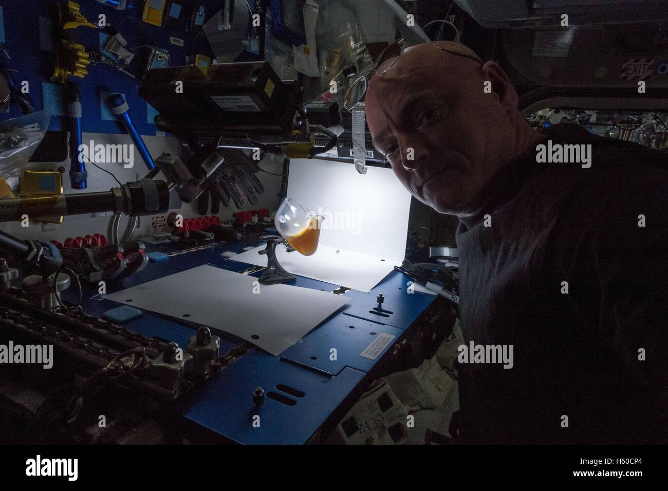 NASA internationale Raumstation ISS-Expedition 44 Mission Prime Crew Astronaut Scott Kelly führt eine Kapillare Getränk Experiment, Untersuchung der Fluid-Dynamik des Raum-Tassen, die die Wirkung der Schwerkraft 1. Juli 2015 in der Erdumlaufbahn zu imitieren. Stockfoto