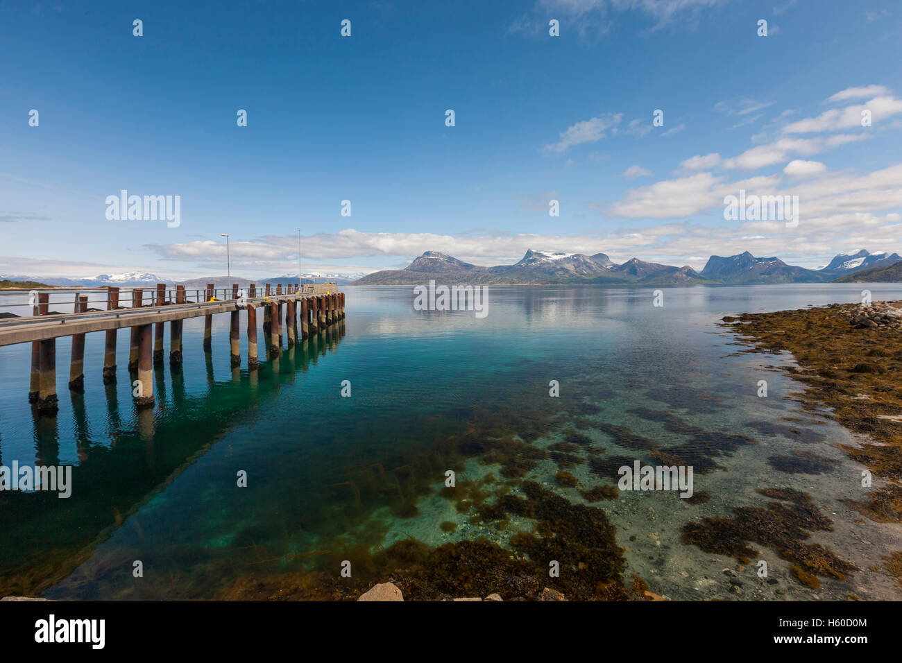 Bognes Fährterminal für die kurze Fahrt nach Skarberget und Narvik. Mischung aus Fracht und Autos und atemberaubende Aussicht. Stockfoto