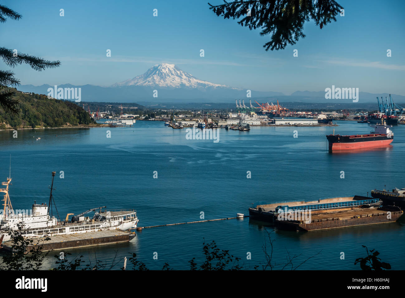 Eine Panorama-Aufnahme des Port of Tacoma mit majestätischen Mount Rainier in der Ferne. Stockfoto