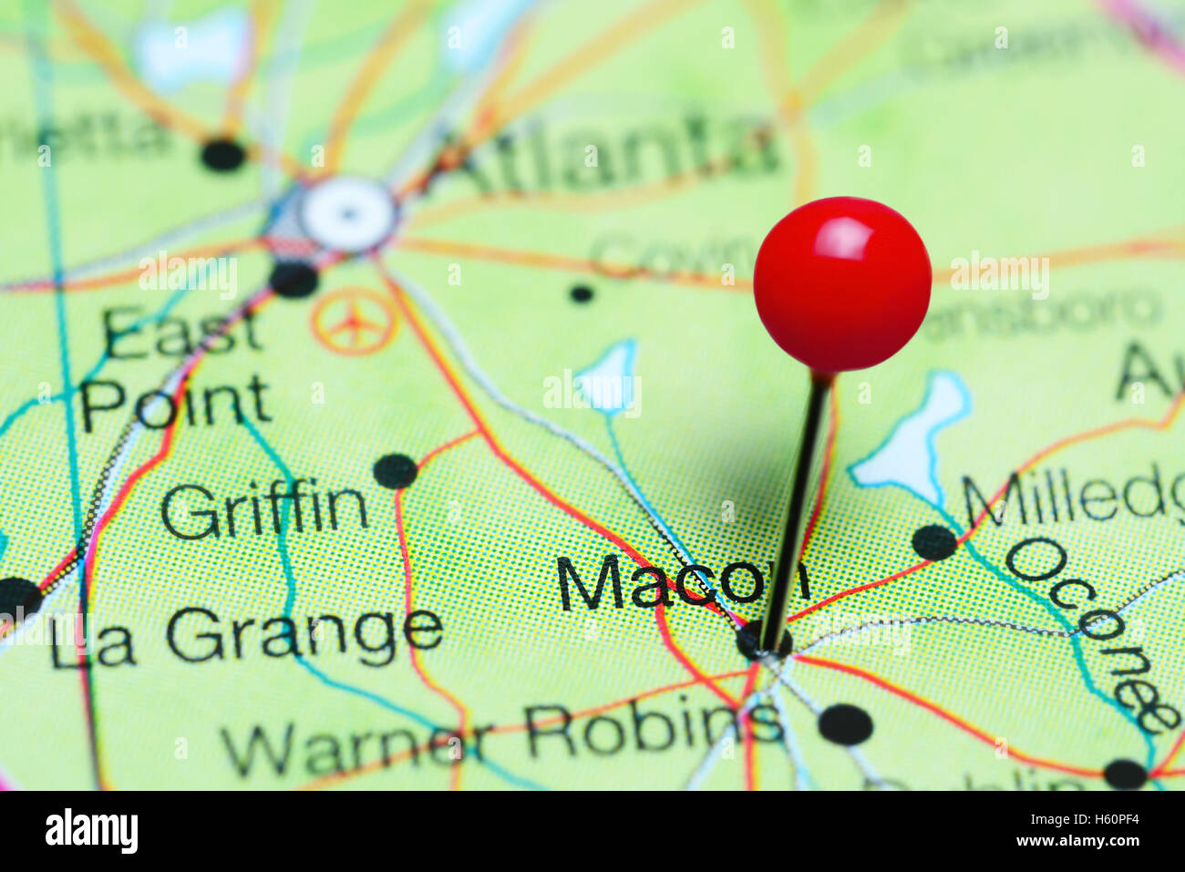 Macon fixiert auf einer Karte von Georgia, USA Stockfoto Macon fixiert auf einer Karte von Georgia, USA Stockfoto