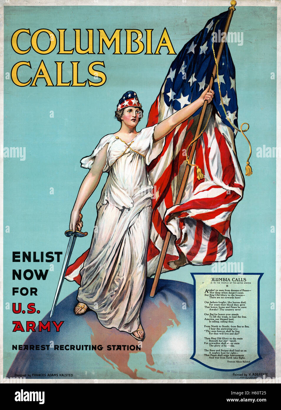 Columbia ruft an, melden Sie sich jetzt für die USA an Armee, USA Poster zur Rekrutierung der Armee während des 1. Weltkriegs, entworfen von Frances Adams Halsted aus einem Gemälde von Vincent Aderente, 1916 Stockfoto