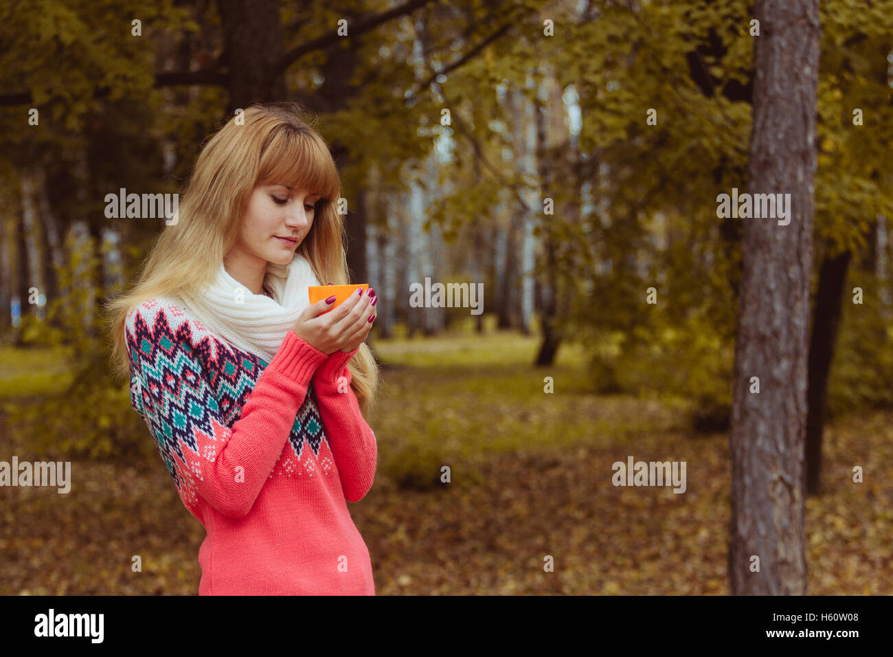 Herbst-Konzept - Herbst Frau Kaffeetrinken im park Stockfoto