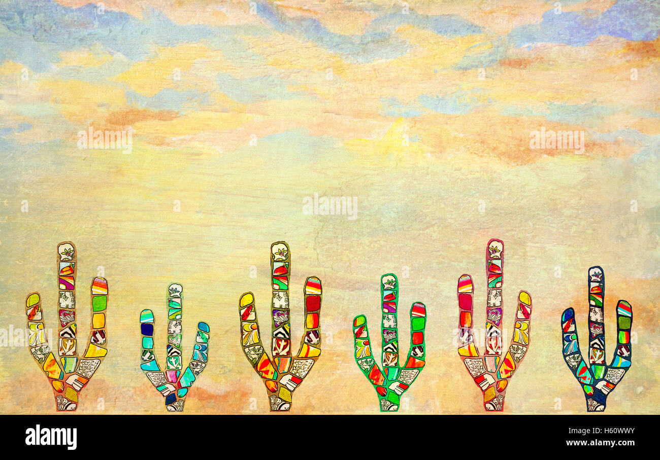 Buntes Mosaik Kakteen auf strukturierte gerenderten Wand Hintergrund. Mexikanische oder Südwesten amerikanisches Konzept. Digital gefiltert ein Stockfoto