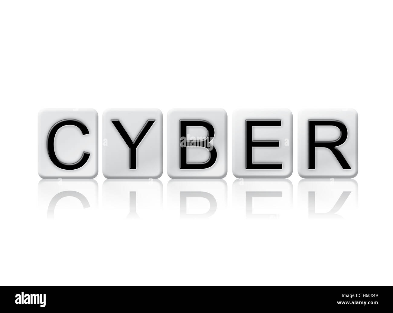 Das Wort "Cyber" geschrieben in Fliese Buchstaben auf einem weißen Hintergrund isoliert. Stockfoto