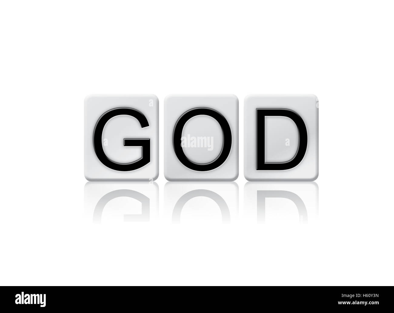 Das Wort "Gott" geschrieben in Fliese Buchstaben auf einem weißen Hintergrund isoliert. Stockfoto