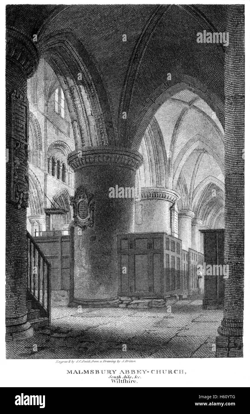 Eine Gravur von Malmesbury Abtei Kirche, südlichen Seitenschiff, Wiltshire in hoher Auflösung aus einem Buch gescannt gedruckt im Jahre 1812. Stockfoto