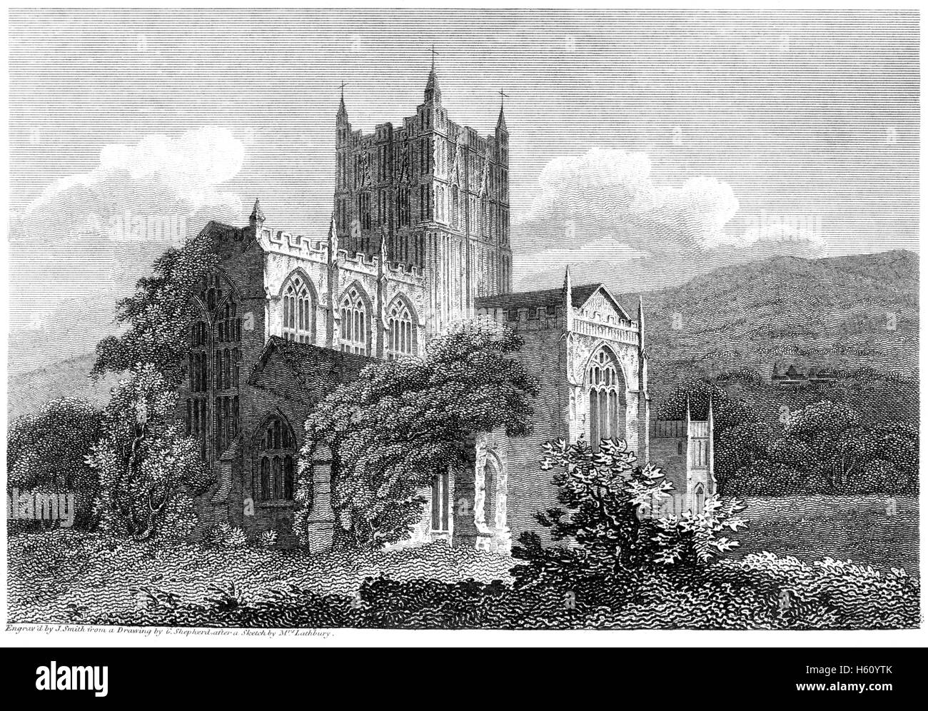 Eine Gravur der Great Malvern Kirche gescannt Worcestershire in hoher Auflösung aus einem Buch, gedruckt im Jahre 1812. Stockfoto