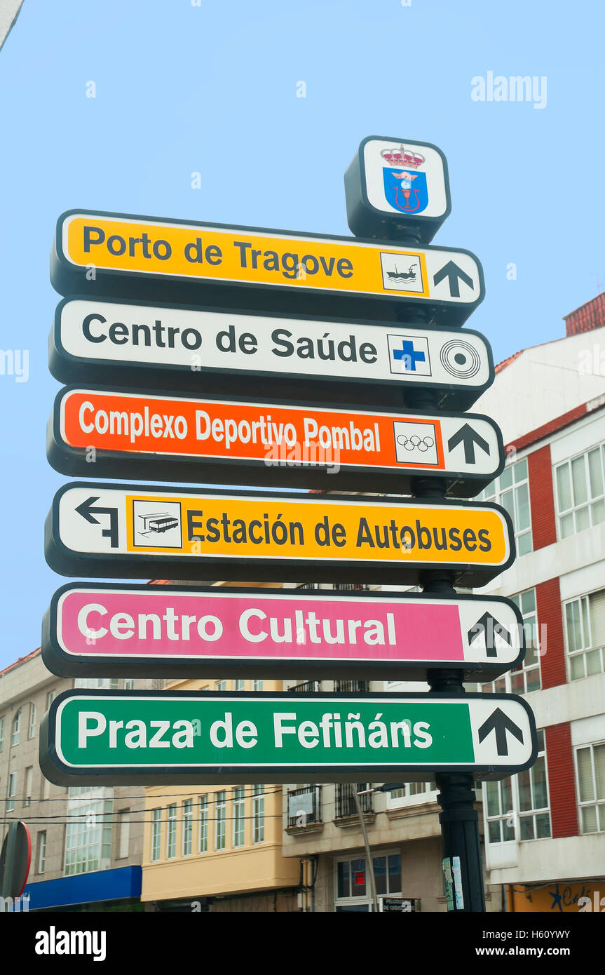 Städtischen Richtungen Anzeichen, Cambados, Pontevedra Provinz, Region Galicien, Spanien, Europa Stockfoto