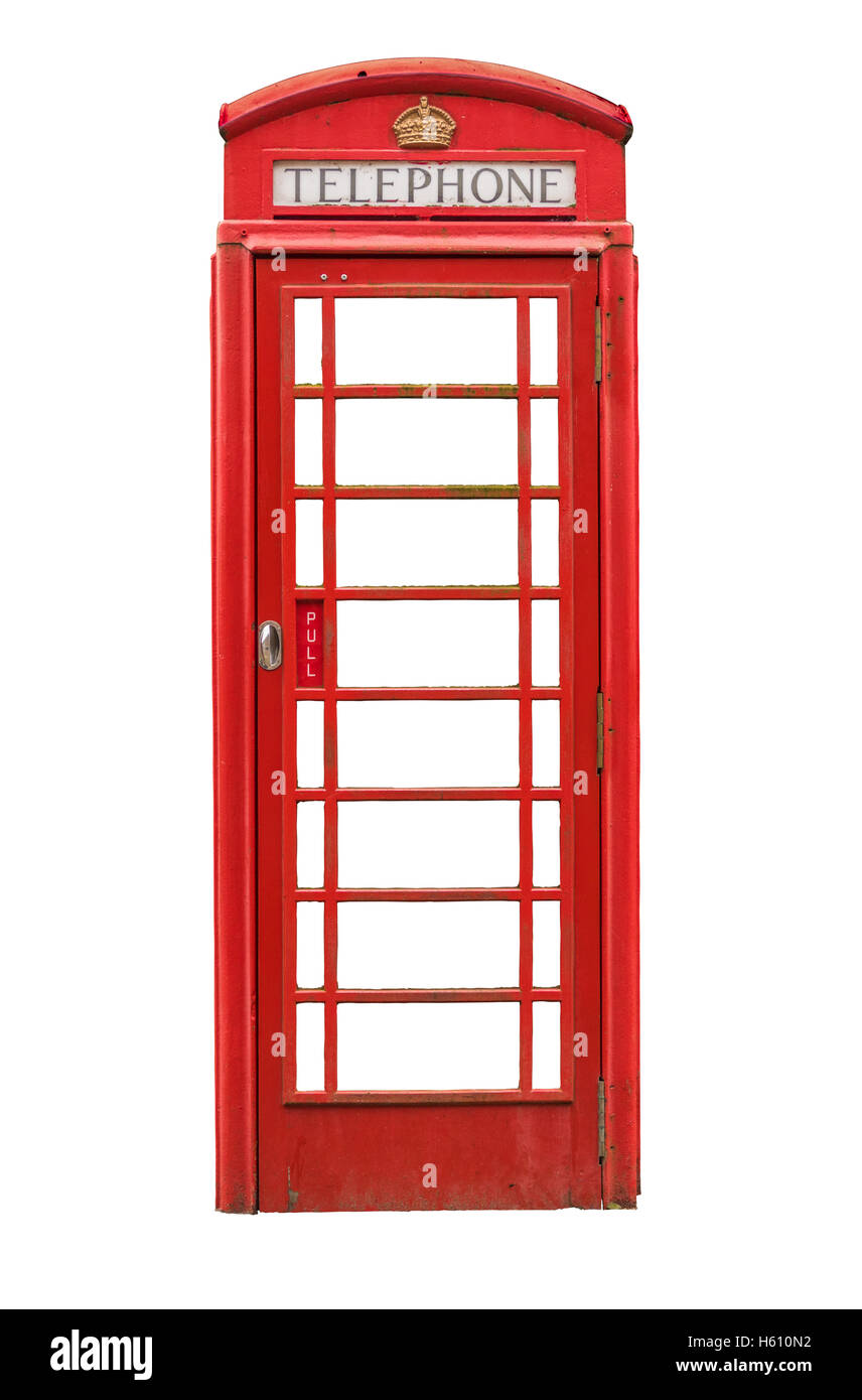 Isolierte Vintage traditionellen roten britischen Phone Box Stockfoto