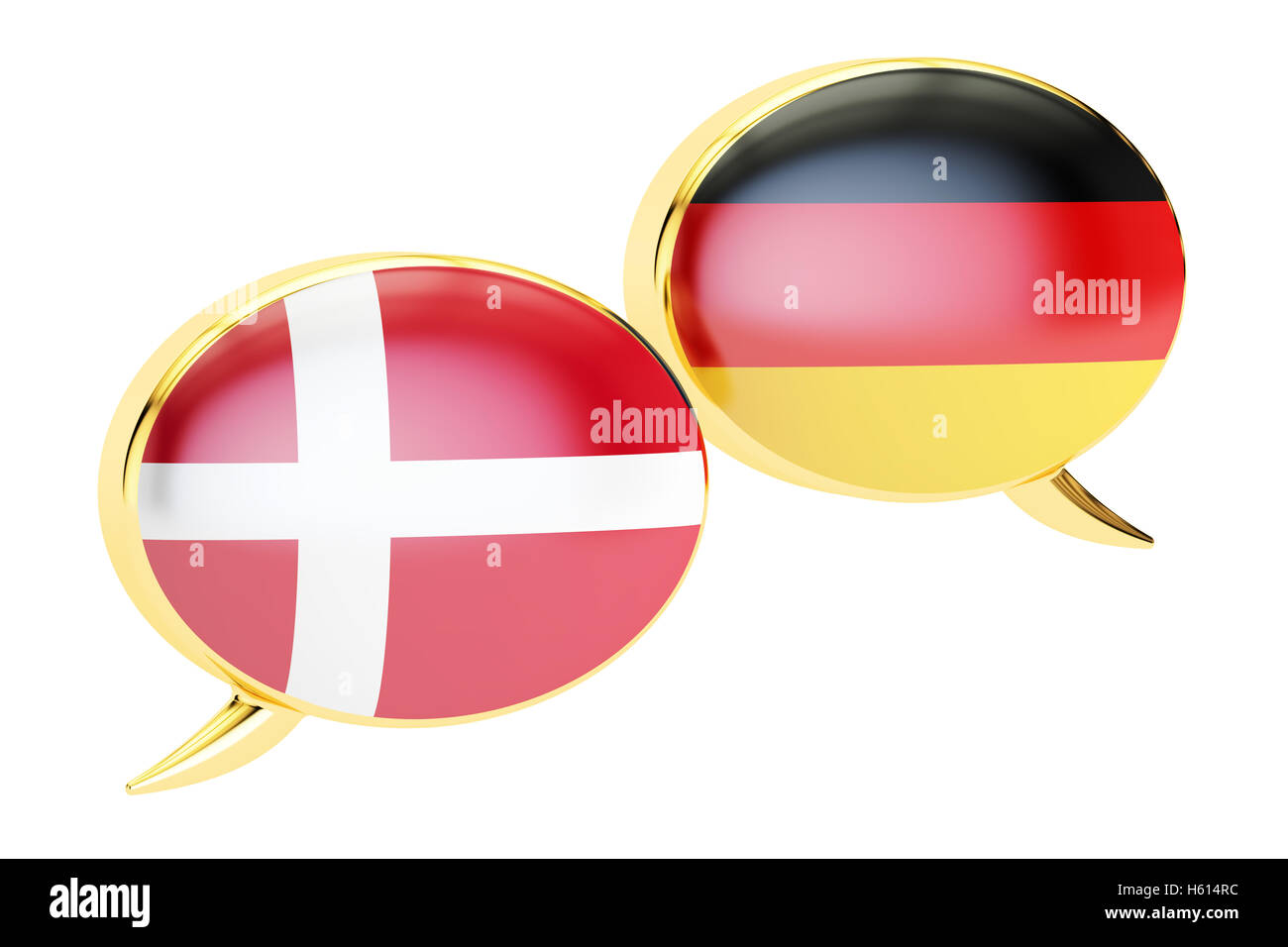 Sprechblasen, Dänisch-Deutsch-Übersetzung-Konzept. 3D-Rendering Stockfoto