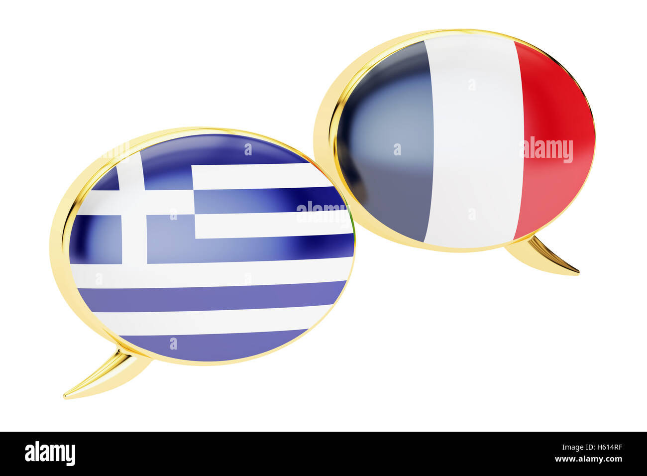 Sprechblasen, Griechisch-Französisch Konversation Konzept. 3D-Rendering isoliert auf weißem Hintergrund Stockfoto