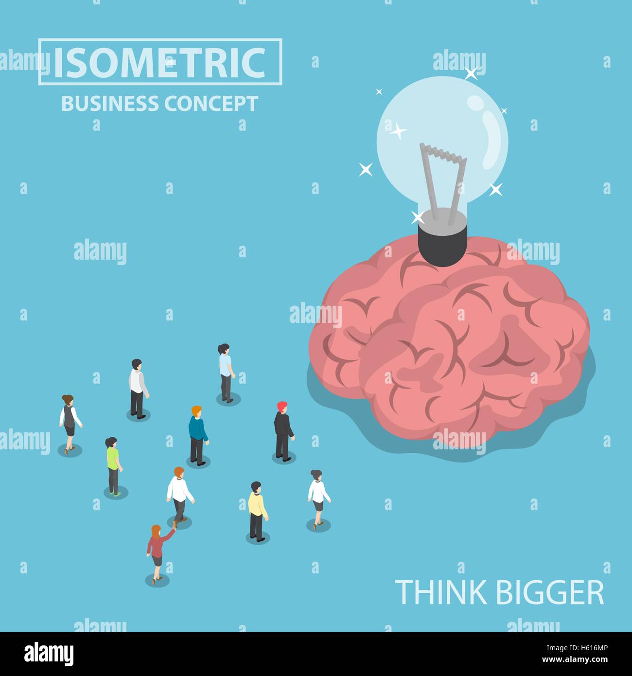 Isometrische Geschäftsleute stehen vor der großen Gehirn und Glühbirne Idee, denke größer Konzept Stock Vektor