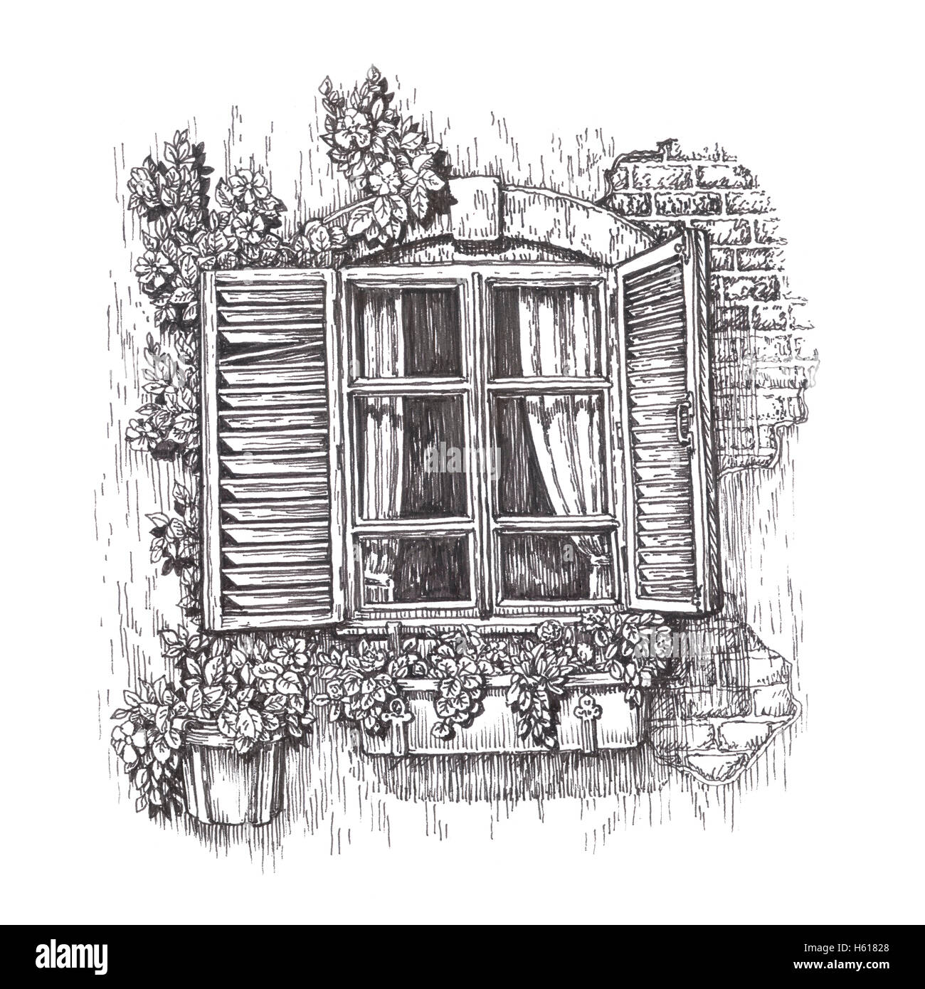 Fenster mit offenen Fensterläden aus Holz. Vintage skizzieren isolierten auf weißen Hintergrund Stockfoto