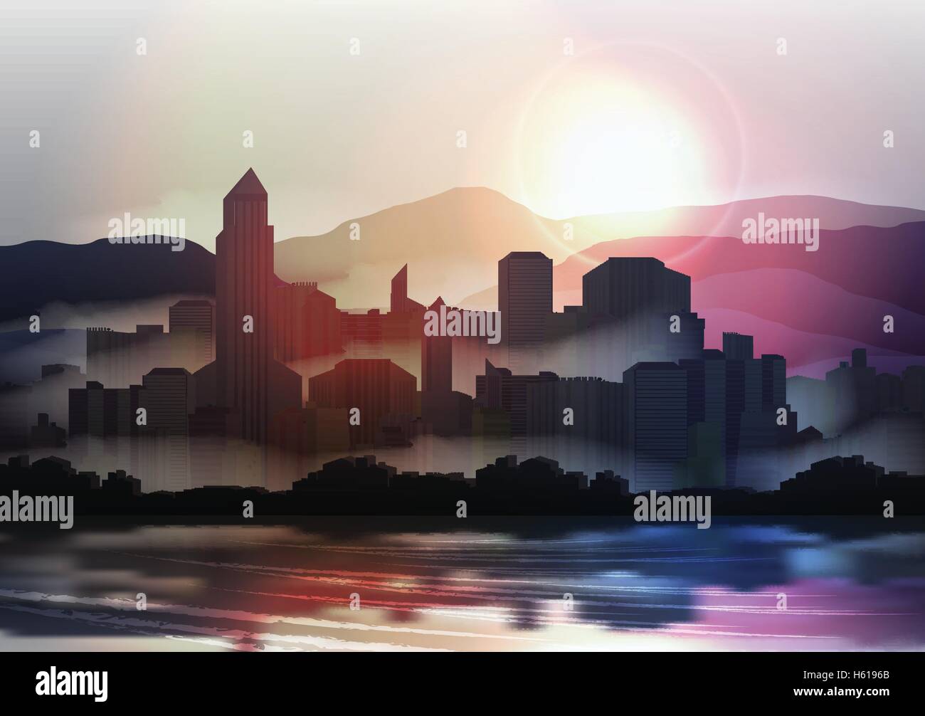 City Skyline bei Sonnenuntergang in den Bergen - Vektor-Illustration Stock Vektor