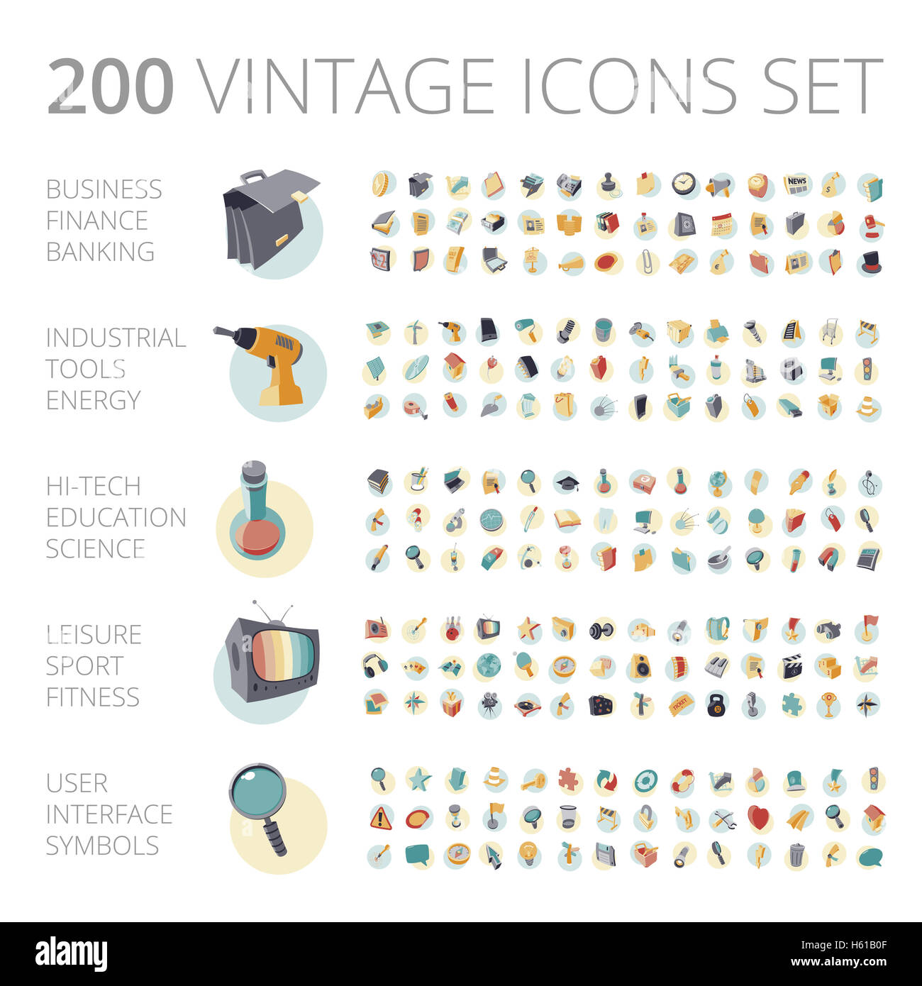 Vintage Icons set für Wirtschaft, Technologie, Bildung, Industrie und Sport. Stockfoto