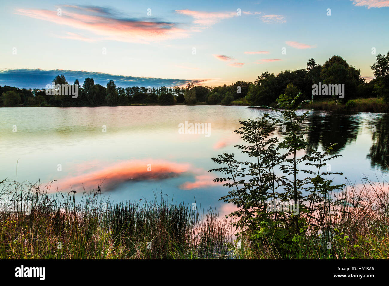 Spät Sommer Sonnenaufgang auf einem der Seen im Cotswold Water Park Stockfoto