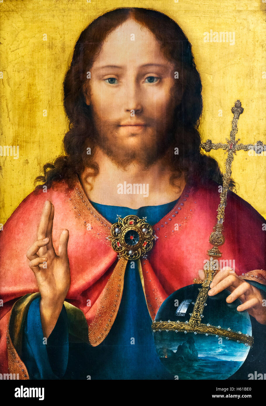 Salvator Mundi von Joos Van Cleve (1485-1540-41). Das Gemälde zeigt Jesus Christus geben einen Segen mit zwei Fingern angehoben. Stockfoto