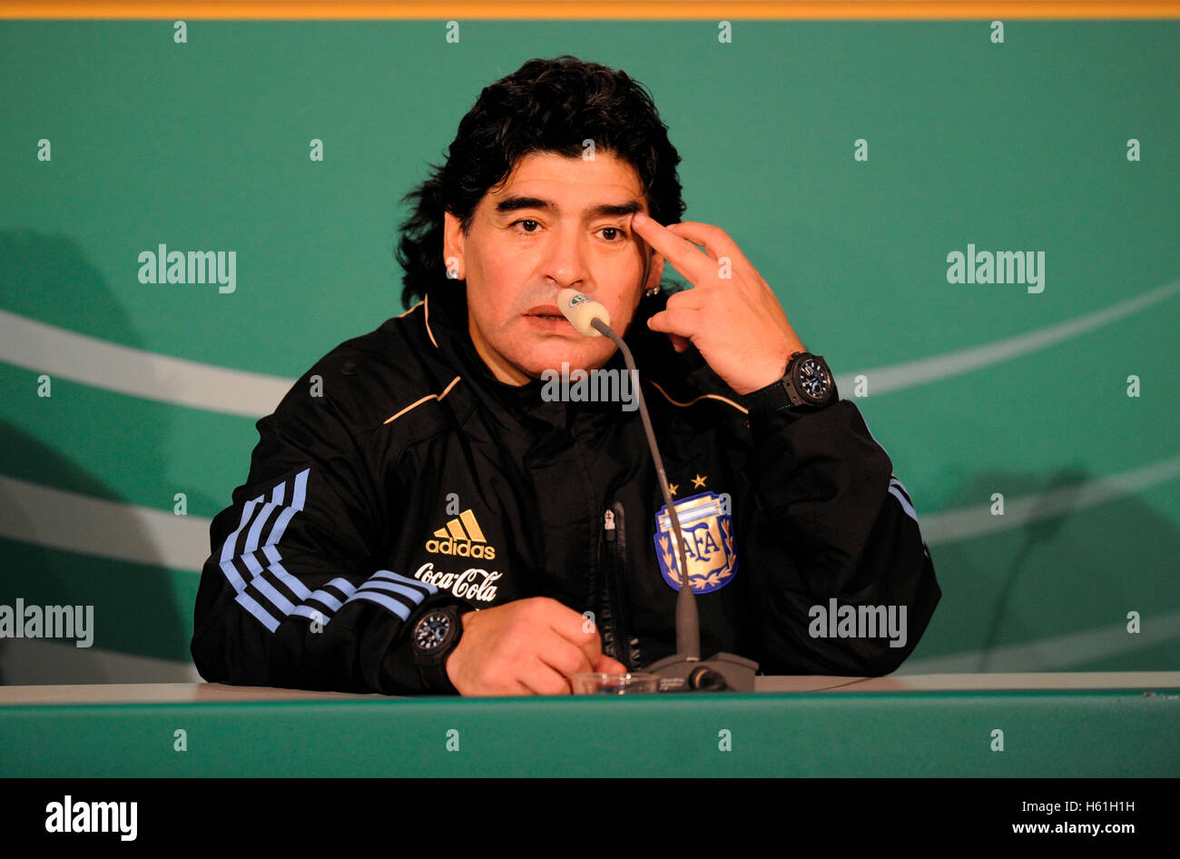 Pressekonferenz, Diego Maradona, Fußball-Länderspiel, Deutschland - Argentinien 0:1, Allianz-Arena, München, Bayern Stockfoto