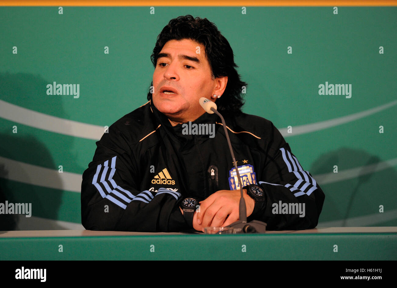 Pressekonferenz, Diego Maradona, Fußball-Länderspiel, Deutschland - Argentinien 0:1, Allianz-Arena, München, Bayern Stockfoto