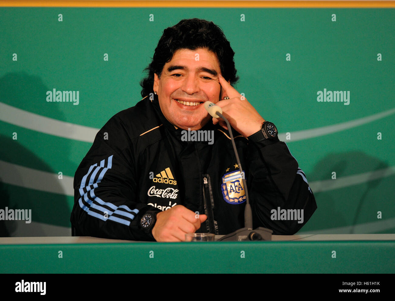 Pressekonferenz, Diego Maradona, Fußball-Länderspiel, Deutschland - Argentinien 0:1, Allianz-Arena, München, Bayern Stockfoto