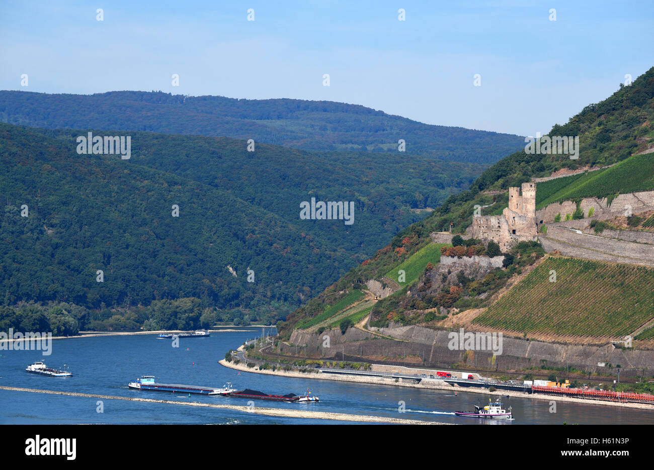 Eine Biegung in den Rhein bei Bingen am Rhein, Deutschland Stockfoto