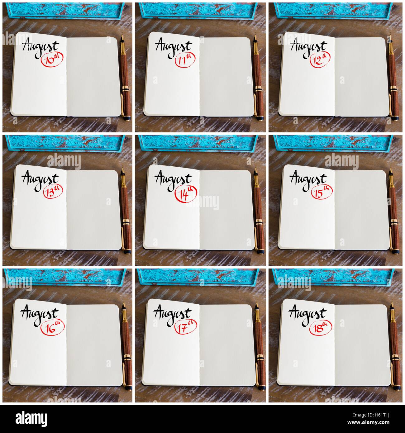 Foto-Collage von Tagen vom 10. bis 18. des Monats August handschriftlich mit Füllfederhalter auf einem Notebook Stockfoto