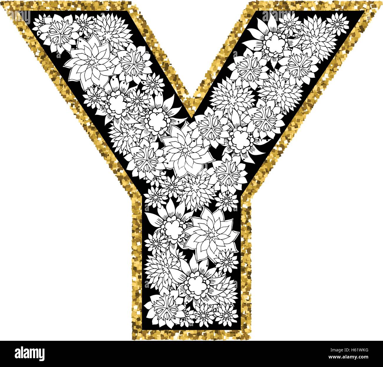 Handgemalte Florale Alphabet Design Gold Glitzernden Kontur Buchstabe Y Stock Vektorgrafik Alamy