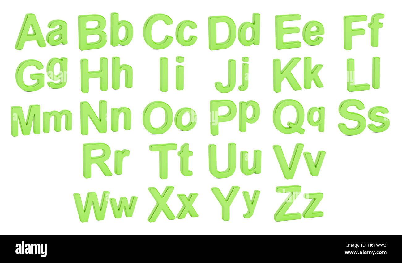 Grüne Alphabet, große und kleine Buchstaben, 3DRendering isolierten auf weißen Hintergrund