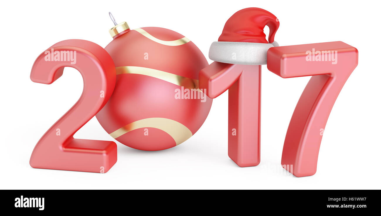 Glückliches neues Jahr 2017 und Frohe Weihnachten Konzept, 3D-Rendering isolierten auf weißen Hintergrund Stockfoto