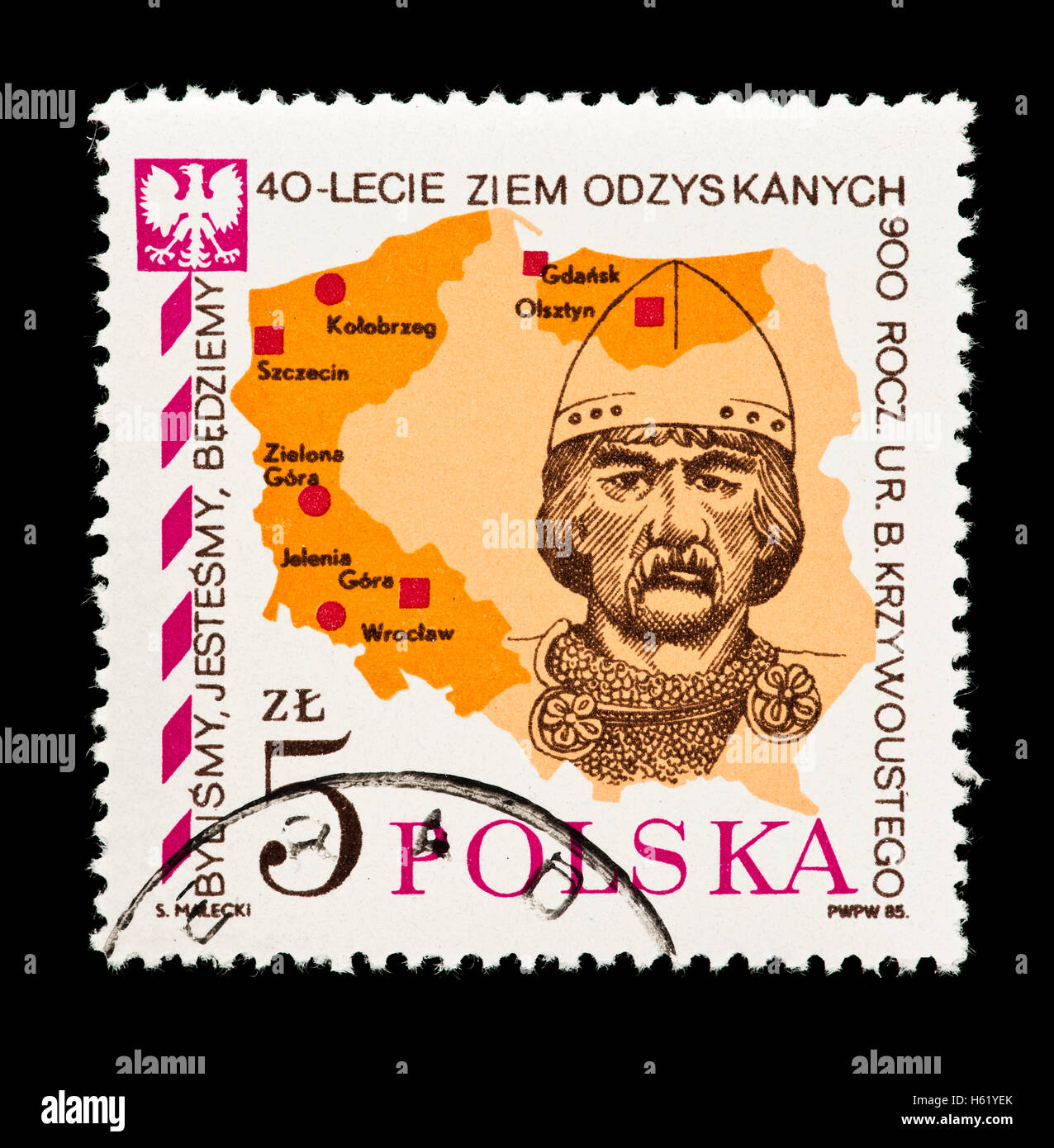 Briefmarke aus Polen Darstellung Fürst Boleslaw Krzywousty und regionale Karte. Stockfoto